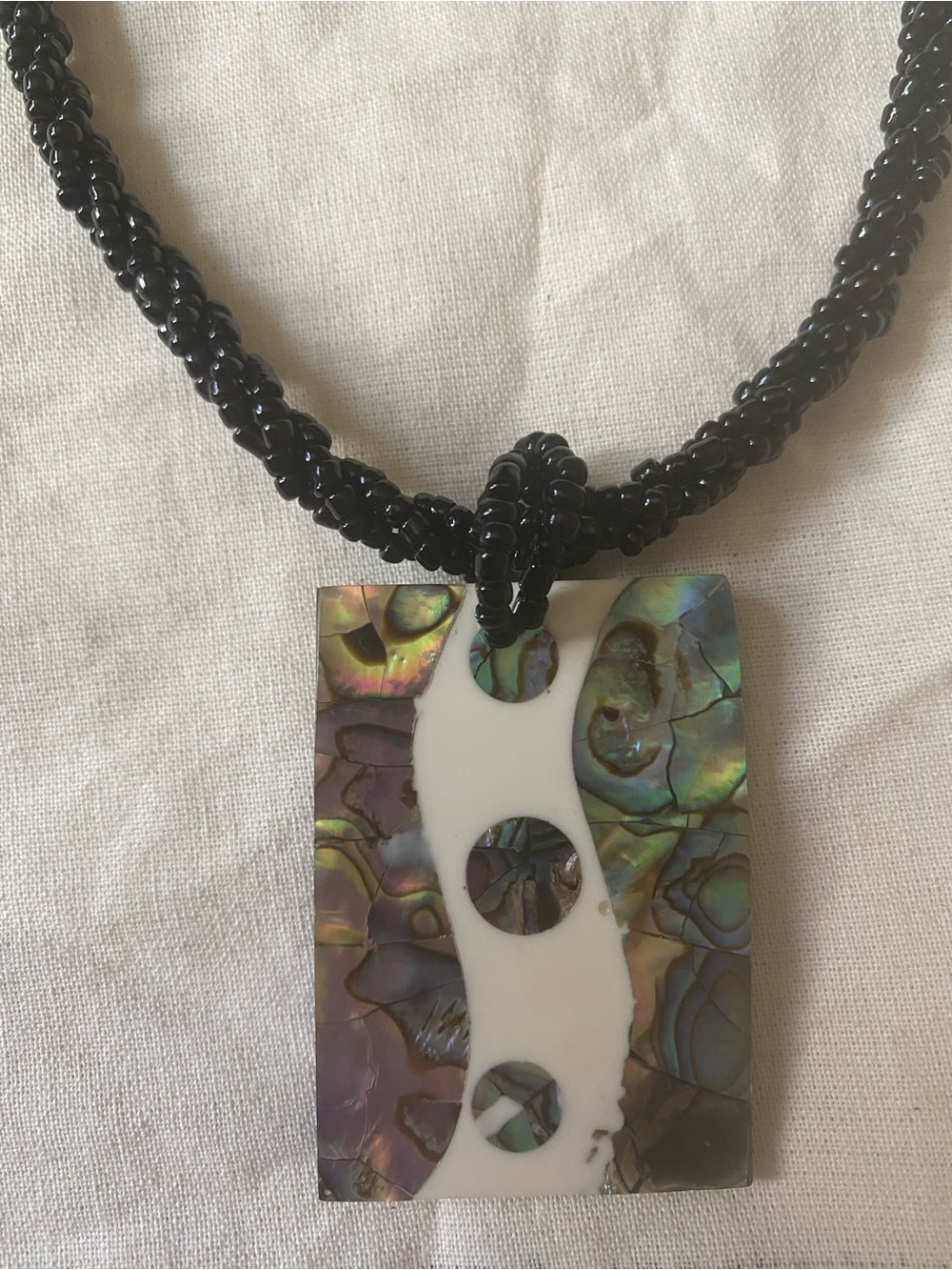 Vintage Abalone Shell and White Resin Pendant Necklace — Black Beaded Strand - Picture 2 of 4